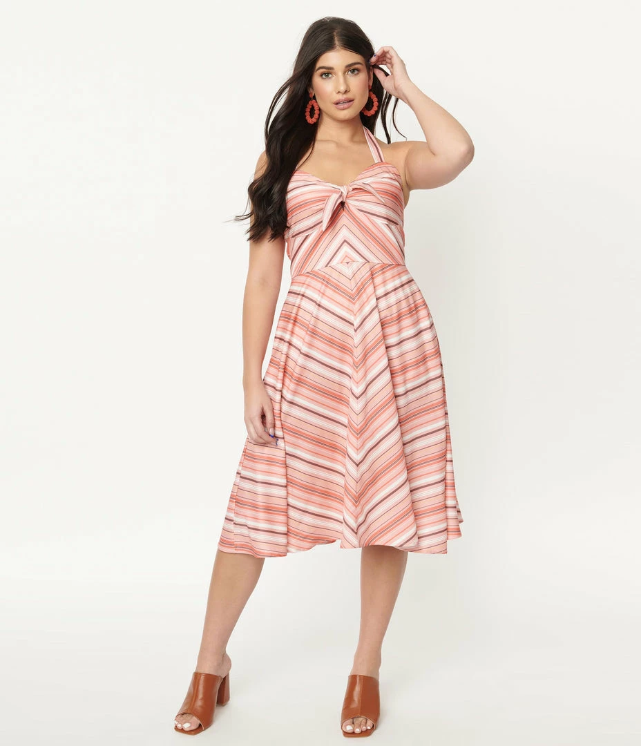 Unique Vintage Coral & Peach Stripe Swing Dress Sale