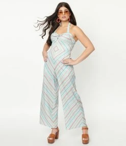 Unique Vintage Mint & Coral Stripe Halter Jumpsuit
