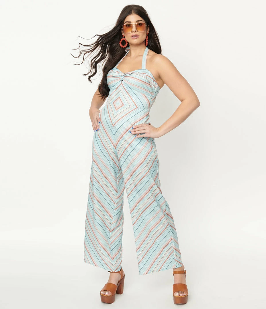 Unique Vintage Mint & Coral Stripe Halter Jumpsuit