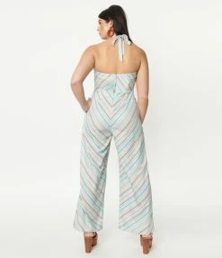 Unique Vintage Mint & Coral Stripe Halter Jumpsuit
