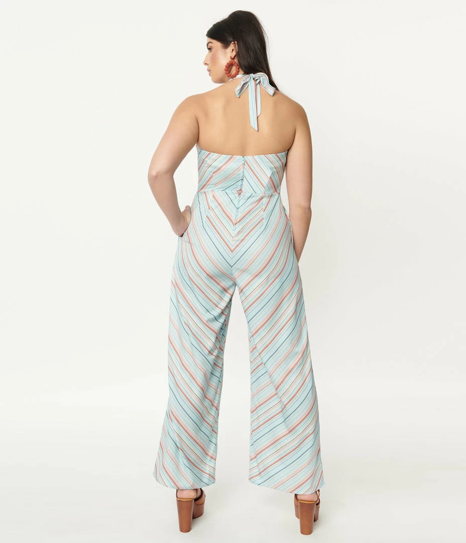 Unique Vintage Mint & Coral Stripe Halter Jumpsuit