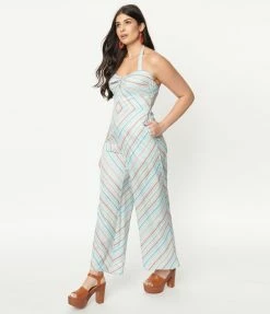 Unique Vintage Mint & Coral Stripe Halter Jumpsuit