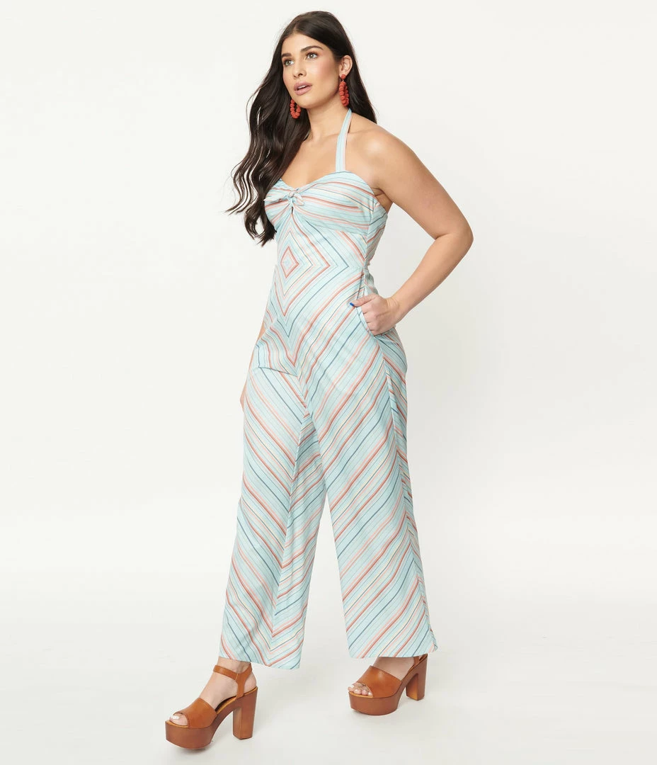 Unique Vintage Mint & Coral Stripe Halter Jumpsuit