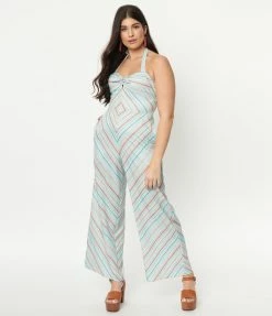 Unique Vintage Mint & Coral Stripe Halter Jumpsuit