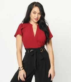Vine & Love Burgundy Tulip Sleeve Blouse Clothing