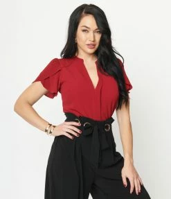 Vine & Love Burgundy Tulip Sleeve Blouse Clothing