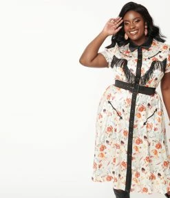 Unique Vintage Plus Size 1950s Cream & Floral Print Madeline Swing Dress