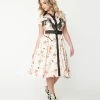 Unique Vintage 1950s Cream & Floral Print Madeline Swing Dress