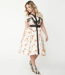 Unique Vintage 1950s Cream & Floral Print Madeline Swing Dress