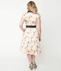 Unique Vintage 1950s Cream & Floral Print Madeline Swing Dress