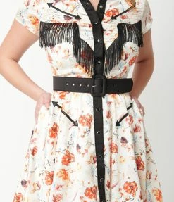 Unique Vintage 1950s Cream & Floral Print Madeline Swing Dress