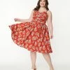 Unique Vintage Plus Size 1950s Rust Red & Orange Floral Reed Swing Dress Sale