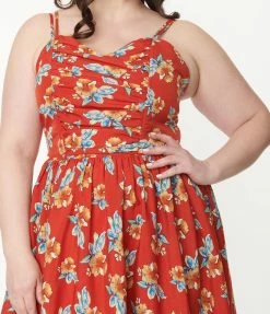 Unique Vintage Plus Size 1950s Rust Red & Orange Floral Reed Swing Dress Sale