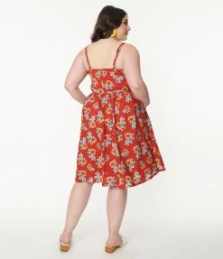Unique Vintage Plus Size 1950s Rust Red & Orange Floral Reed Swing Dress Sale