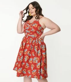 Unique Vintage Plus Size 1950s Rust Red & Orange Floral Reed Swing Dress Sale