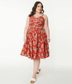 Unique Vintage Plus Size 1950s Rust Red & Orange Floral Reed Swing Dress Sale