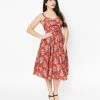Unique Vintage 1950s Rust Red & Orange Floral Reed Swing Dress