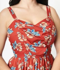 Unique Vintage 1950s Rust Red & Orange Floral Reed Swing Dress