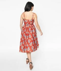 Unique Vintage 1950s Rust Red & Orange Floral Reed Swing Dress