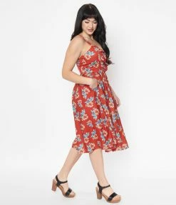 Unique Vintage 1950s Rust Red & Orange Floral Reed Swing Dress