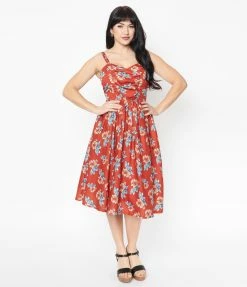 Unique Vintage 1950s Rust Red & Orange Floral Reed Swing Dress