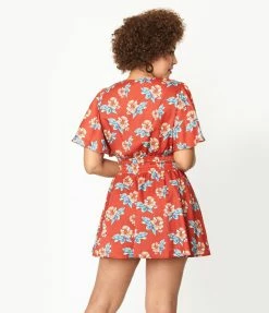 Sale Unique Vintage Rust & Tropical Floral Print Daryl Skort
