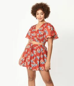Sale Unique Vintage Rust & Tropical Floral Print Daryl Skort