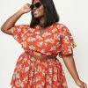 Sale Unique Vintage Plus Size Rust & Tropical Floral Print Dottie Crop Top