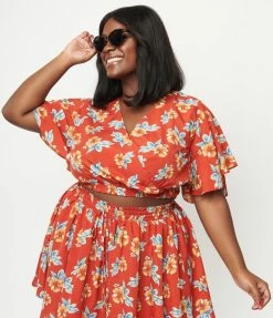 Sale Unique Vintage Plus Size Rust & Tropical Floral Print Dottie Crop Top