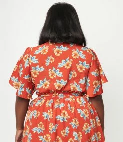 Sale Unique Vintage Plus Size Rust & Tropical Floral Print Dottie Crop Top