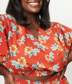 Sale Unique Vintage Plus Size Rust & Tropical Floral Print Dottie Crop Top