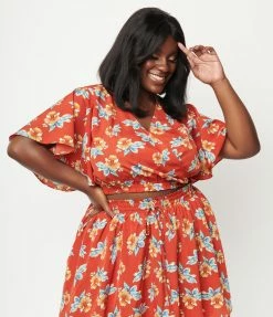 Sale Unique Vintage Plus Size Rust & Tropical Floral Print Dottie Crop Top