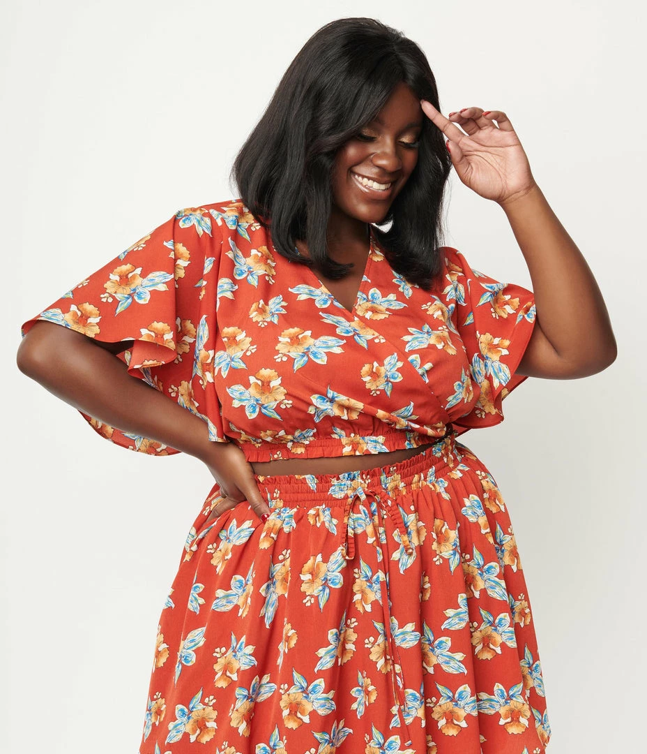 Sale Unique Vintage Plus Size Rust & Tropical Floral Print Dottie Crop Top