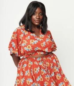 Sale Unique Vintage Plus Size Rust & Tropical Floral Print Dottie Crop Top