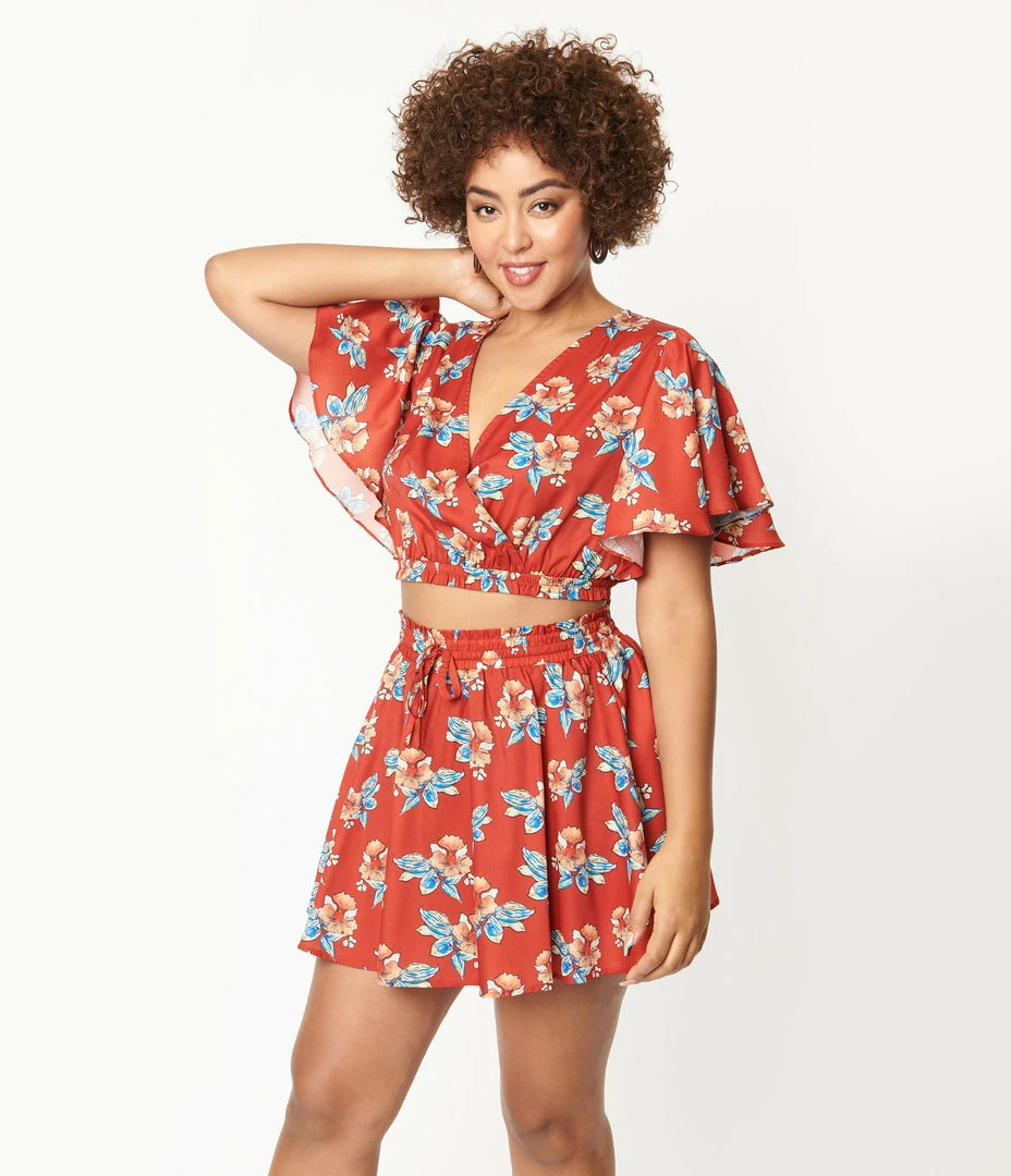 Unique Vintage Rust & Tropical Floral Print Dottie Crop Top