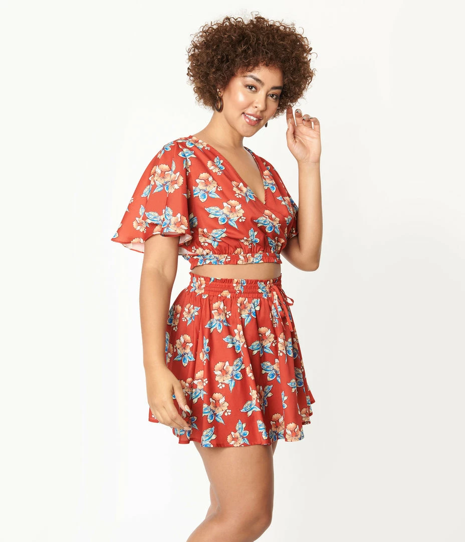 Unique Vintage Rust & Tropical Floral Print Dottie Crop Top