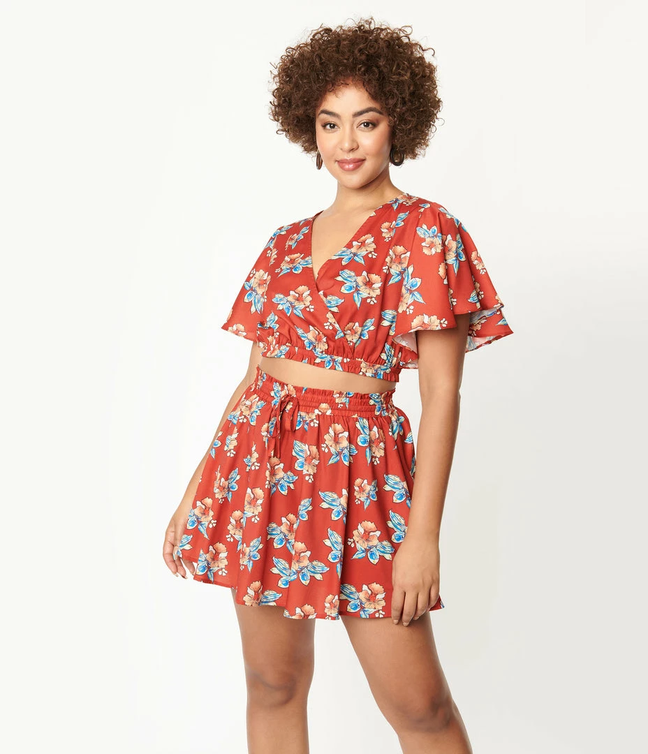 Unique Vintage Rust & Tropical Floral Print Dottie Crop Top