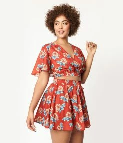 Unique Vintage Rust & Tropical Floral Print Dottie Crop Top