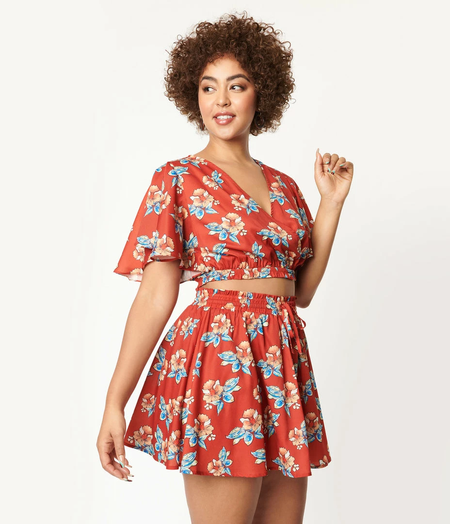 Unique Vintage Rust & Tropical Floral Print Dottie Crop Top