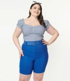 Unique Vintage Plus Size Blue Bermuda Shorts