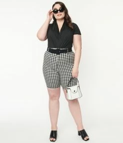 Unique Vintage Plus Size Black & White Gingham Bermuda Shorts