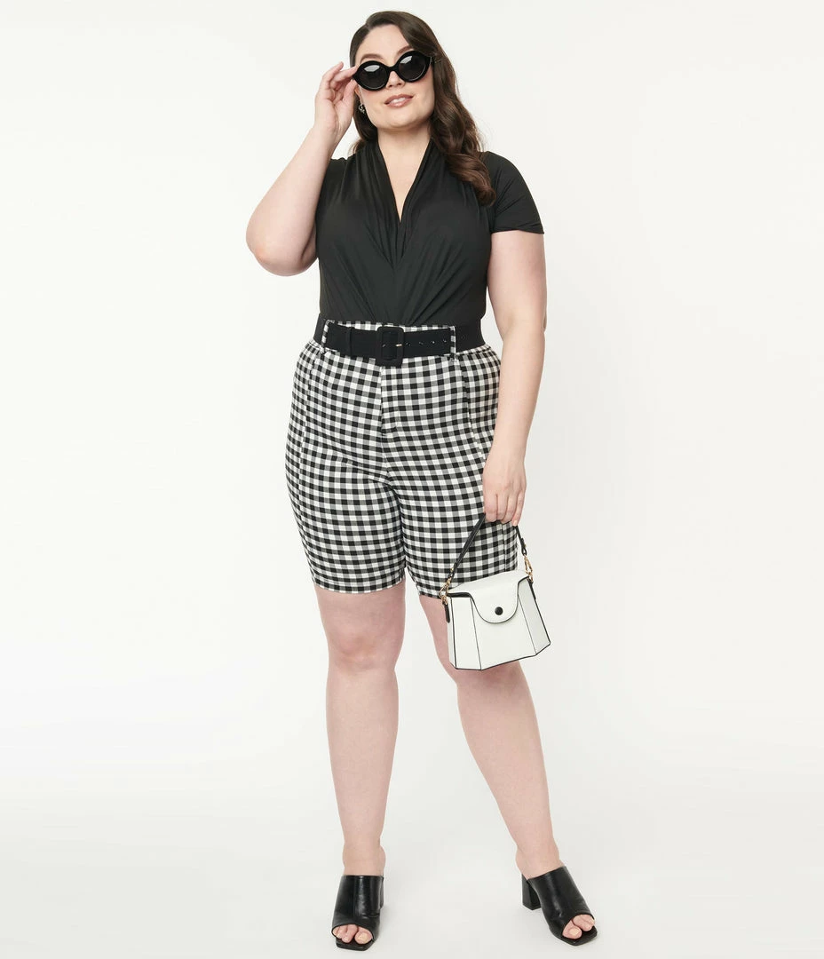 Unique Vintage Plus Size Black & White Gingham Bermuda Shorts