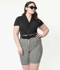 Unique Vintage Plus Size Black & White Gingham Bermuda Shorts