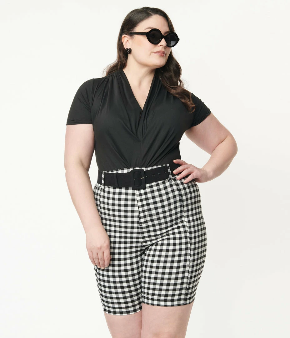 Unique Vintage Plus Size Black & White Gingham Bermuda Shorts