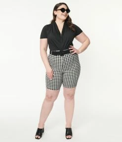 Unique Vintage Plus Size Black & White Gingham Bermuda Shorts
