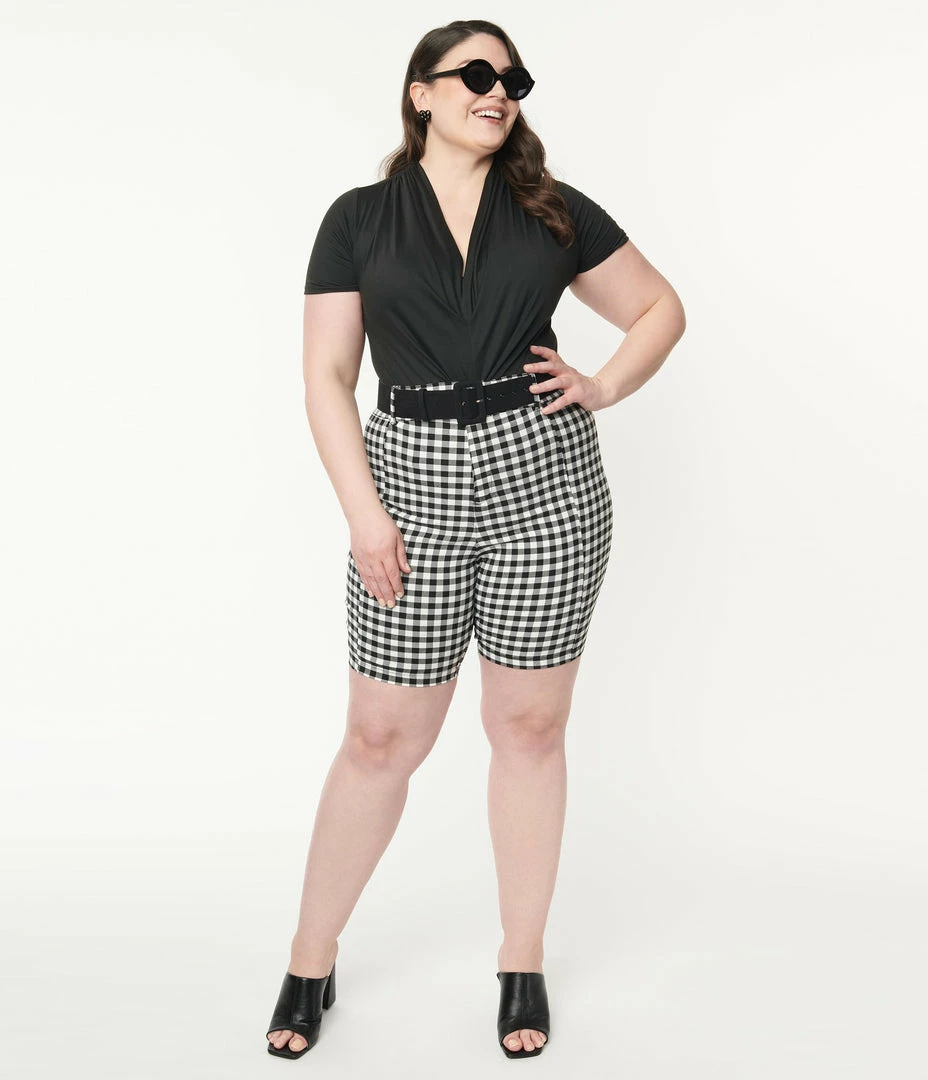 Unique Vintage Plus Size Black & White Gingham Bermuda Shorts