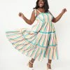 Unique Vintage Plus Size Rainbow Stripe Tiered Midi Dress Sale