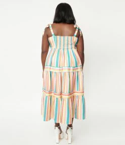 Unique Vintage Plus Size Rainbow Stripe Tiered Midi Dress Sale