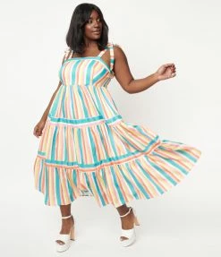 Unique Vintage Plus Size Rainbow Stripe Tiered Midi Dress Sale