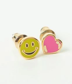Yellow Owl Workshop Happy Face & Pink Heart Stud Earrings Jewelry